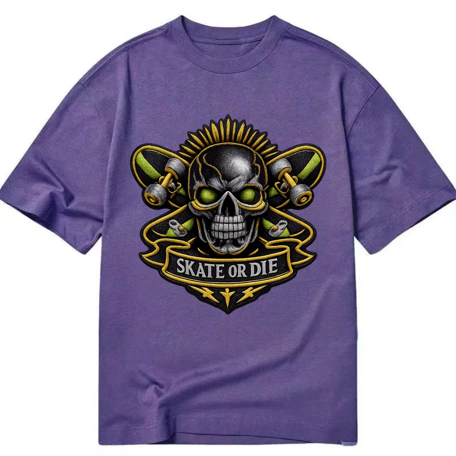 Embroidered patch design - SKATEBOARD SKULL - skull with skateboard in black and - Classic T-shirt - Purple