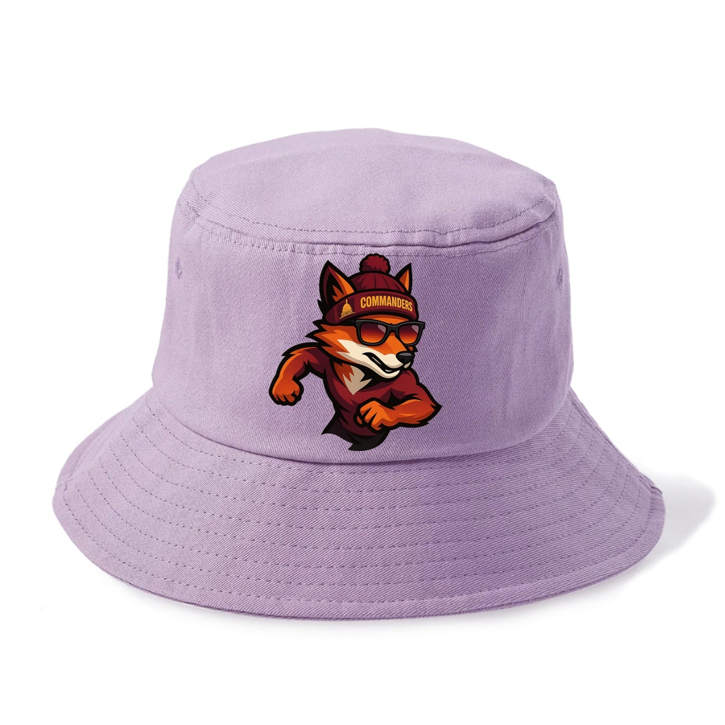 Washington Fox wearing Commanders beanie with Capitol patch and wayfarer sunglasses - Bucket Hat - Purple