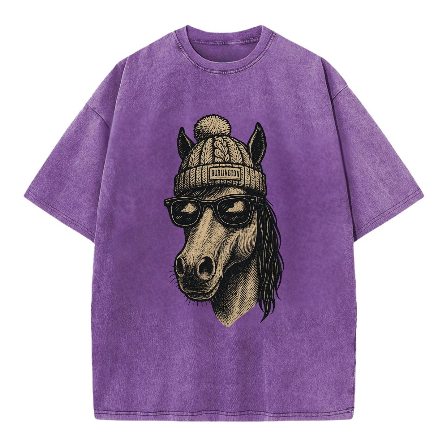 Vermont Morgan Horse wearing Burlington beanie with pom pom and wayfarer - Vintage T-shirt - Purple