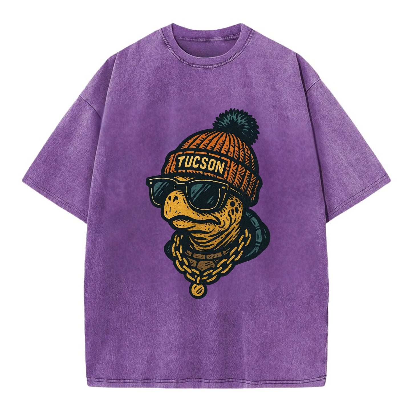 Tucson Desert Tortoise wearing Tucson beanie with pom pom and wayfarer sunglasses - Vintage T-shirt - Purple