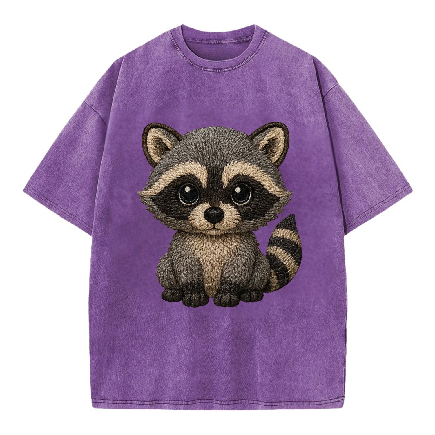Baby Raccoon - gray fur, black mask, ringed tail, bright curious eyes, - Vintage T-shirt - Purple