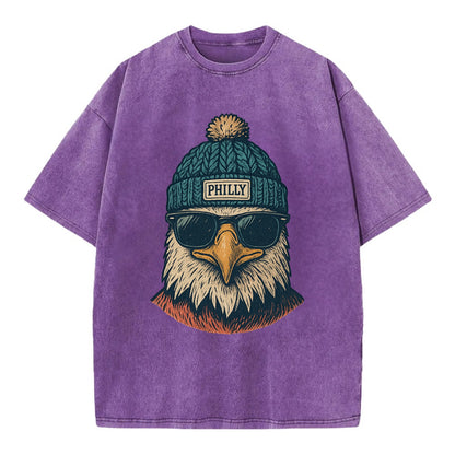 Philadelphia Eagle wearing Philly beanie with pom pom and wayfarer sunglasses - Vintage T-shirt - Purple
