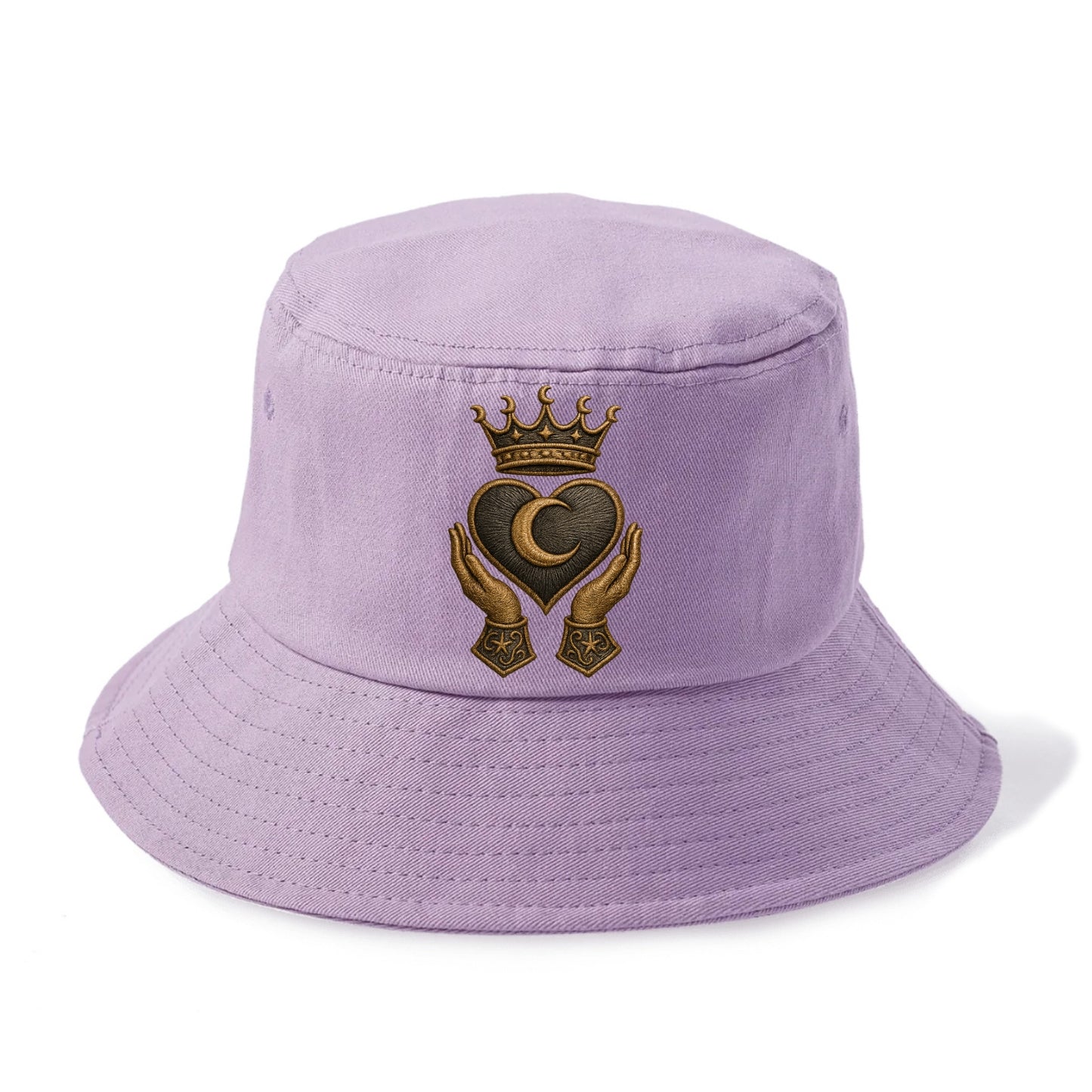 Moonlit crescent crown cradling a hematite heart with stargazer hands cupped beneath. - Bucket Hat - Purple