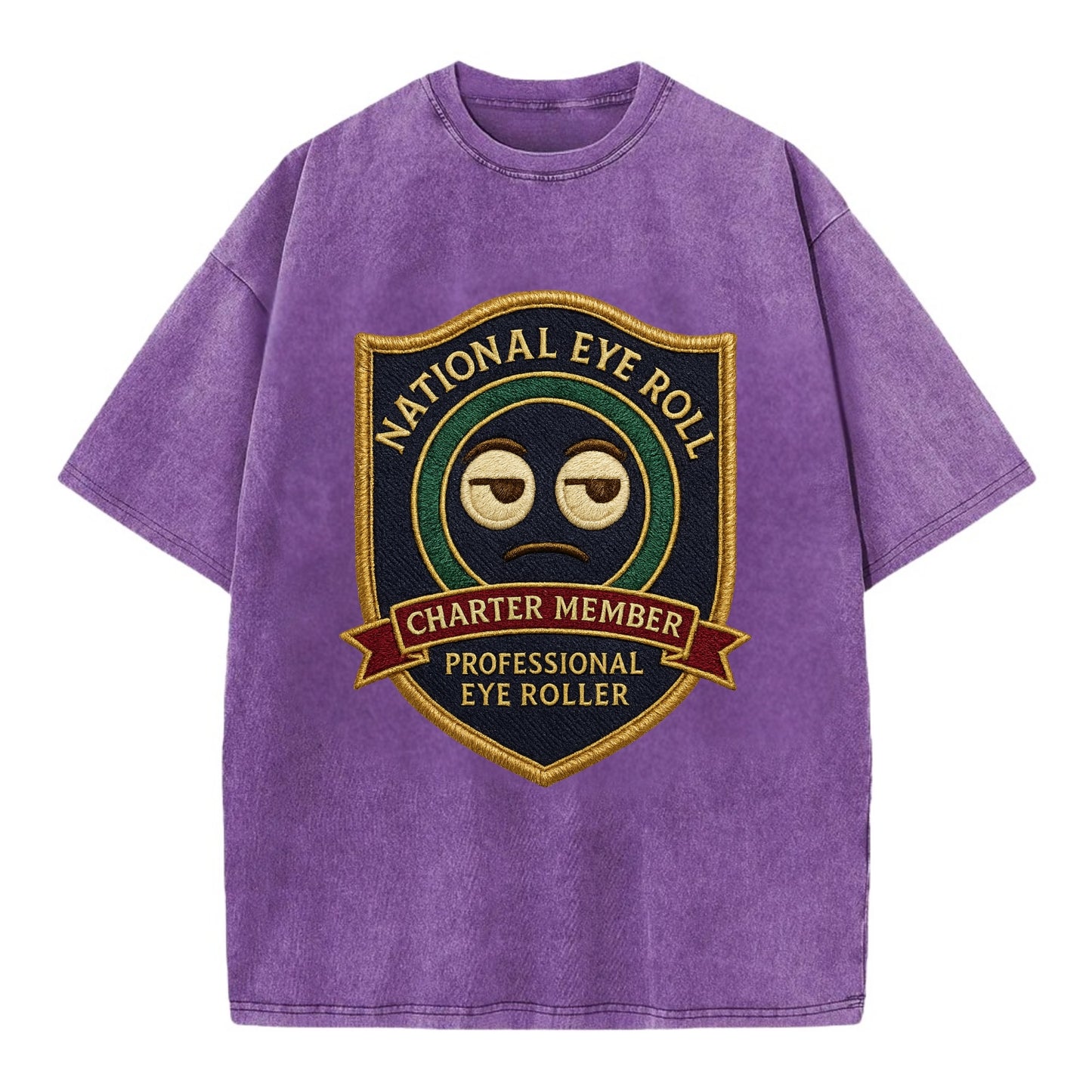 Crest with eye roll icon - "National Eye Roll Association - Charter Member" - - Vintage T-shirt - Purple