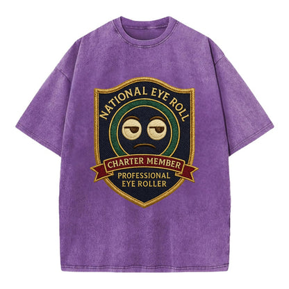 Crest with eye roll icon - "National Eye Roll Association - Charter Member" - - Vintage T-shirt - Purple