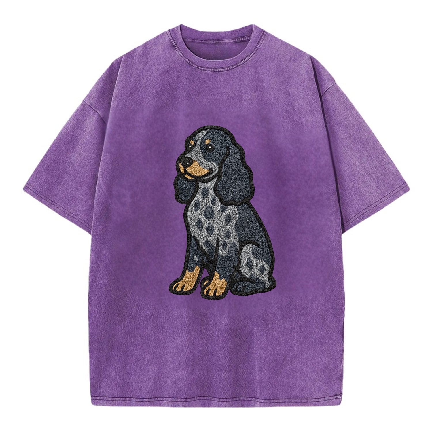 English Cocker Spaniel - Blue roan embroidered sitting pose - Vintage T-shirt - Purple