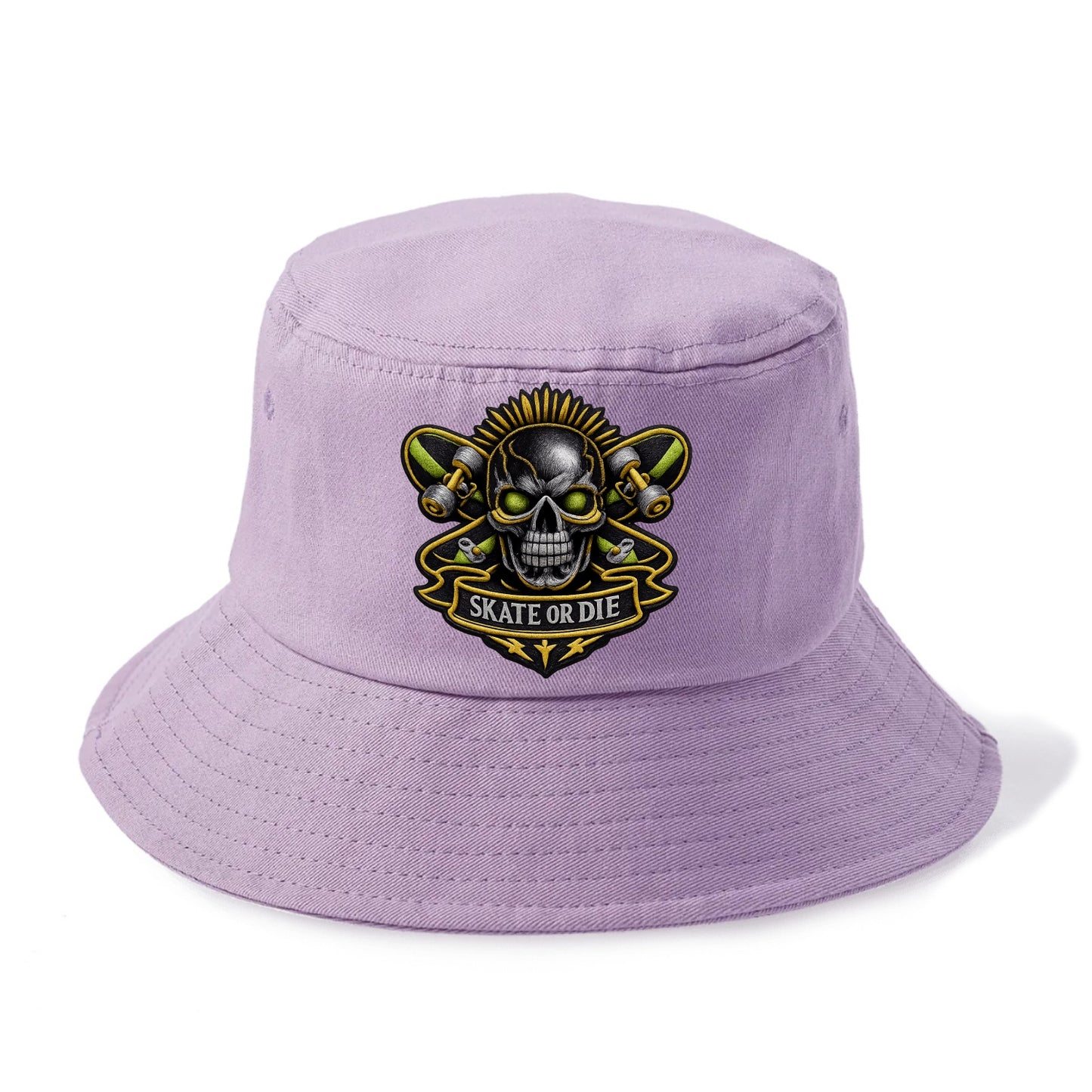 Embroidered patch design - SKATEBOARD SKULL - skull with skateboard in black and neon - Bucket Hat - Purple