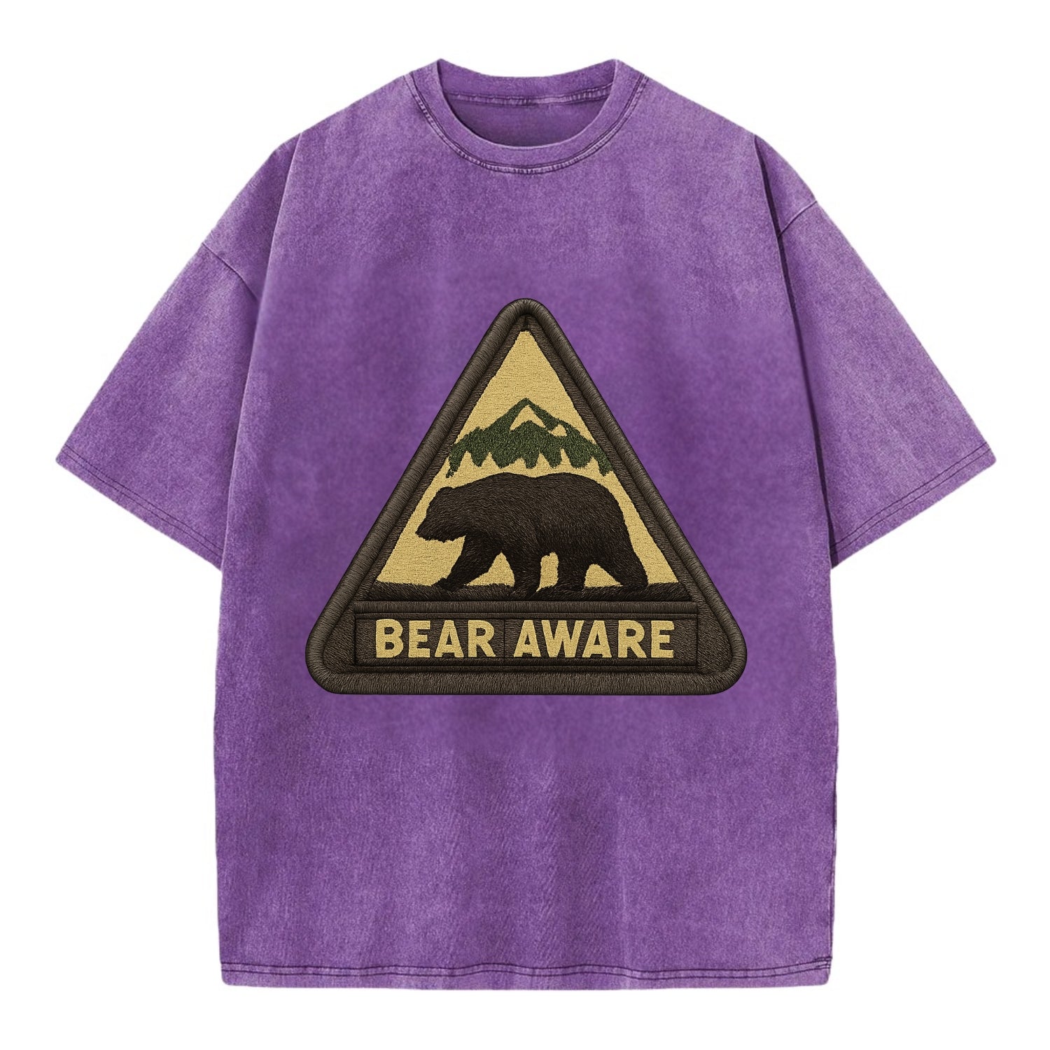 BEAR AWARE - bear silhouette warning in brown and yellow , wilderness safety - Vintage T-shirt - Purple