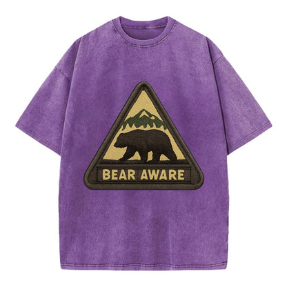 BEAR AWARE - bear silhouette warning in brown and yellow , wilderness safety - Vintage T-shirt - Purple
