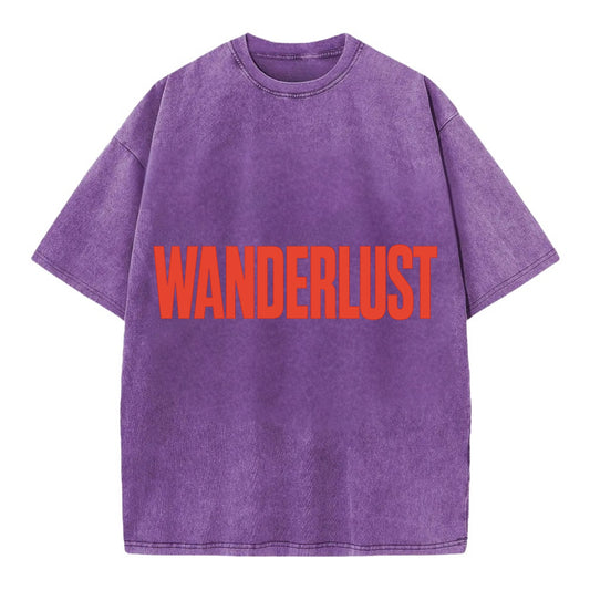 Bold typography design - "WANDERLUST" - desire to travel, explore the world - Vintage T-shirt - Purple