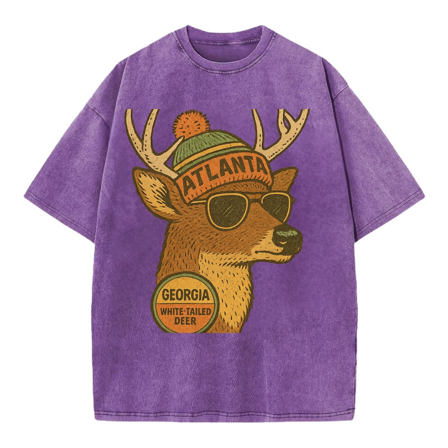 Georgia White-tailed Deer wearing Atlanta beanie with pom pom and wayfarer - Vintage T-shirt - Purple