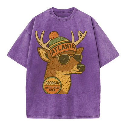 Georgia White-tailed Deer wearing Atlanta beanie with pom pom and wayfarer - Vintage T-shirt - Purple