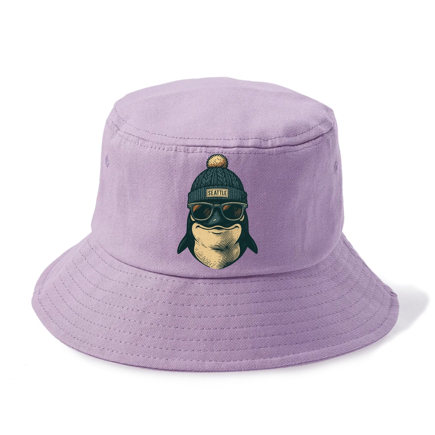 Washington Orca wearing Seattle beanie with pom pom and wayfarer sunglasses - Bucket Hat - Purple