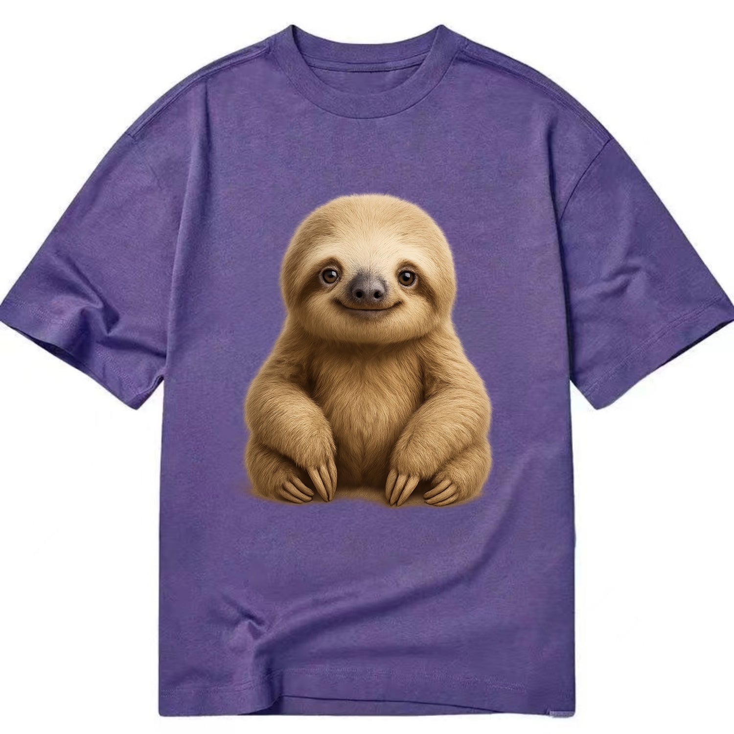 Baby Sloth - tan fur, long arms, peaceful smile, gentle eyes, front-facing, zen - Classic T-shirt - Purple