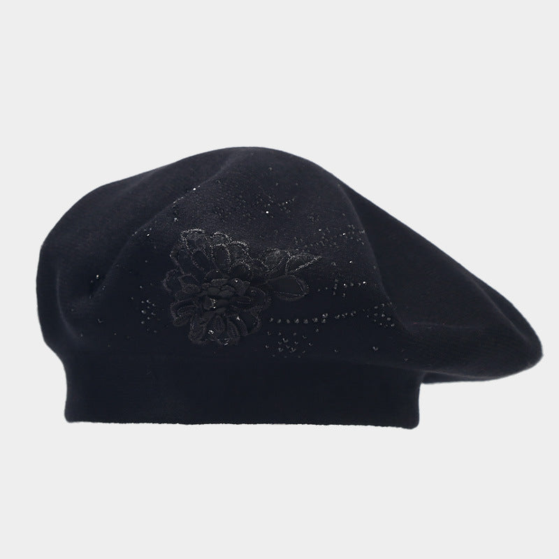Rhinestone Flower Knit Beret - Chic Artist Painter Hat