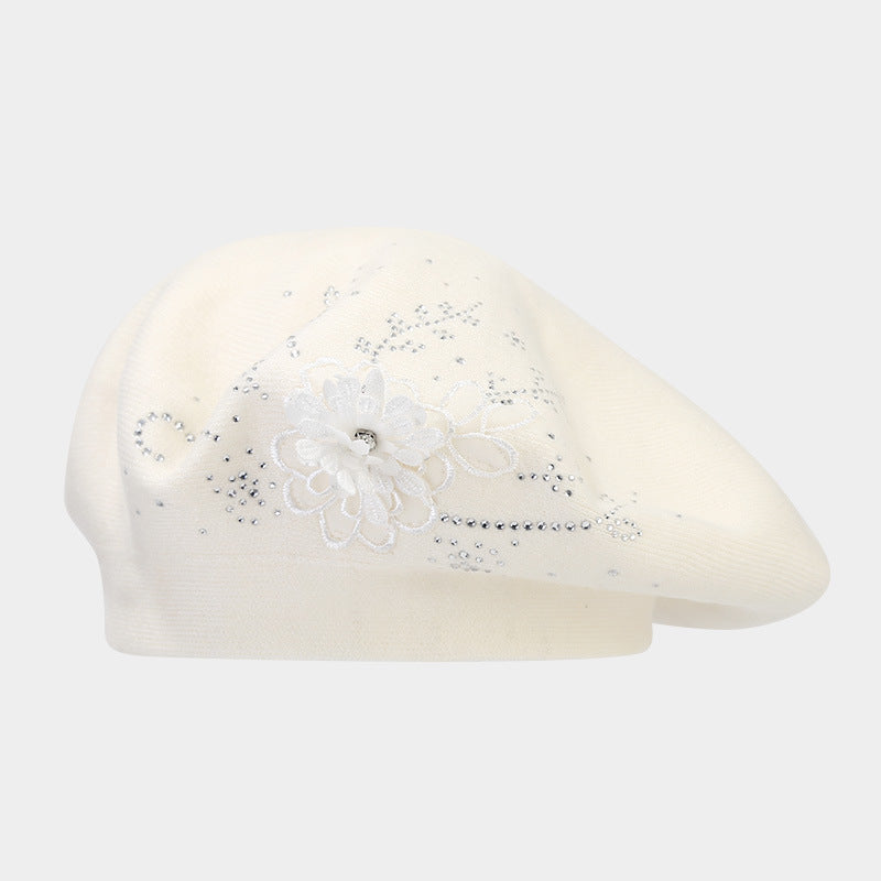 Rhinestone Flower Knit Beret - Chic Artist Painter Hat