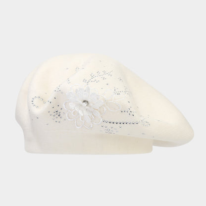 Rhinestone Flower Knit Beret - Chic Artist Painter Hat