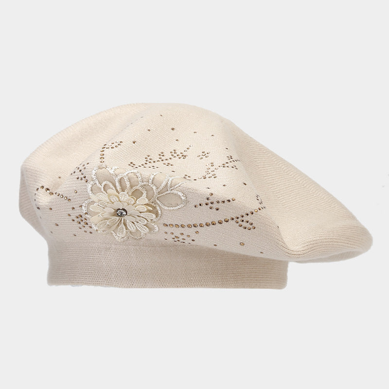 Rhinestone Flower Knit Beret - Chic Artist Painter Hat
