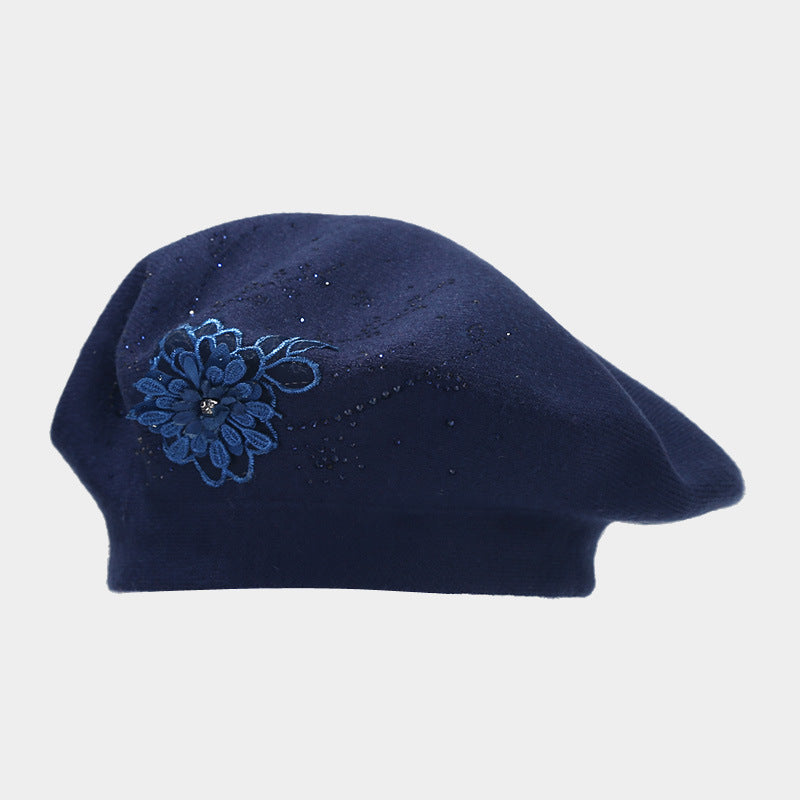 Rhinestone Flower Knit Beret - Chic Artist Painter Hat