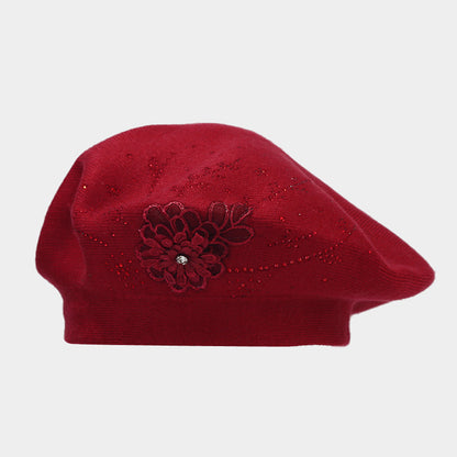 Rhinestone Flower Knit Beret - Chic Artist Painter Hat