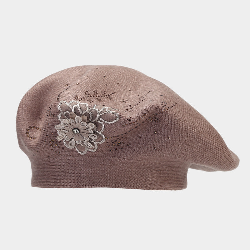 Rhinestone Flower Knit Beret - Chic Artist Painter Hat