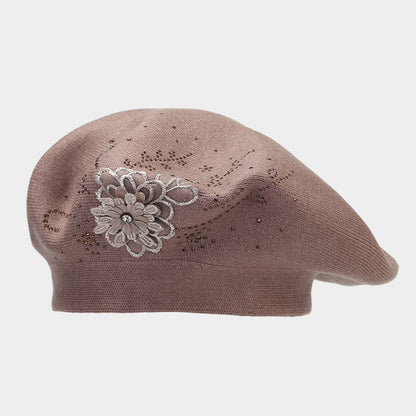Rhinestone Flower Knit Beret - Chic Artist Painter Hat