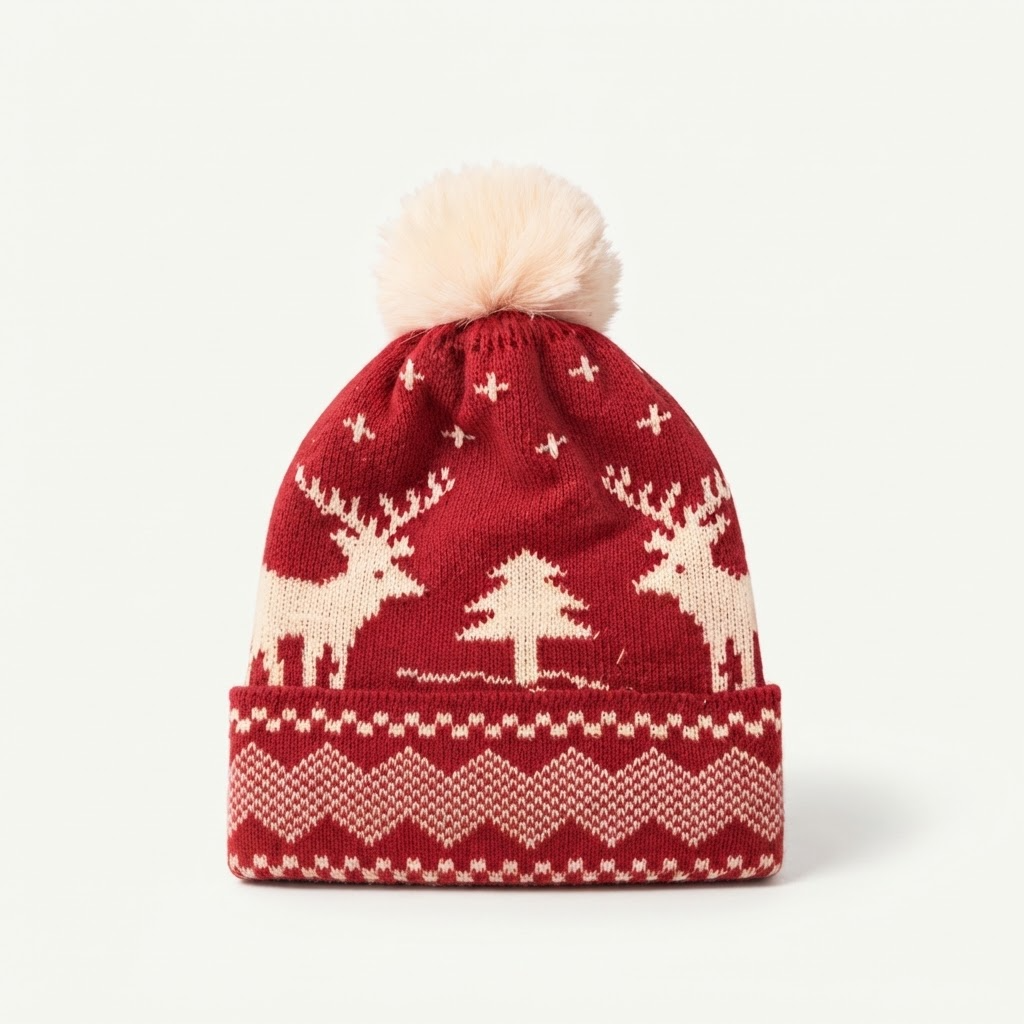 Reindeer & Tree Pom-Pom Beanie – Cozy Winter Knit Hat for Holiday Season
