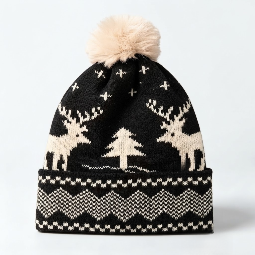Reindeer & Tree Pom-Pom Beanie – Cozy Winter Knit Hat for Holiday Season