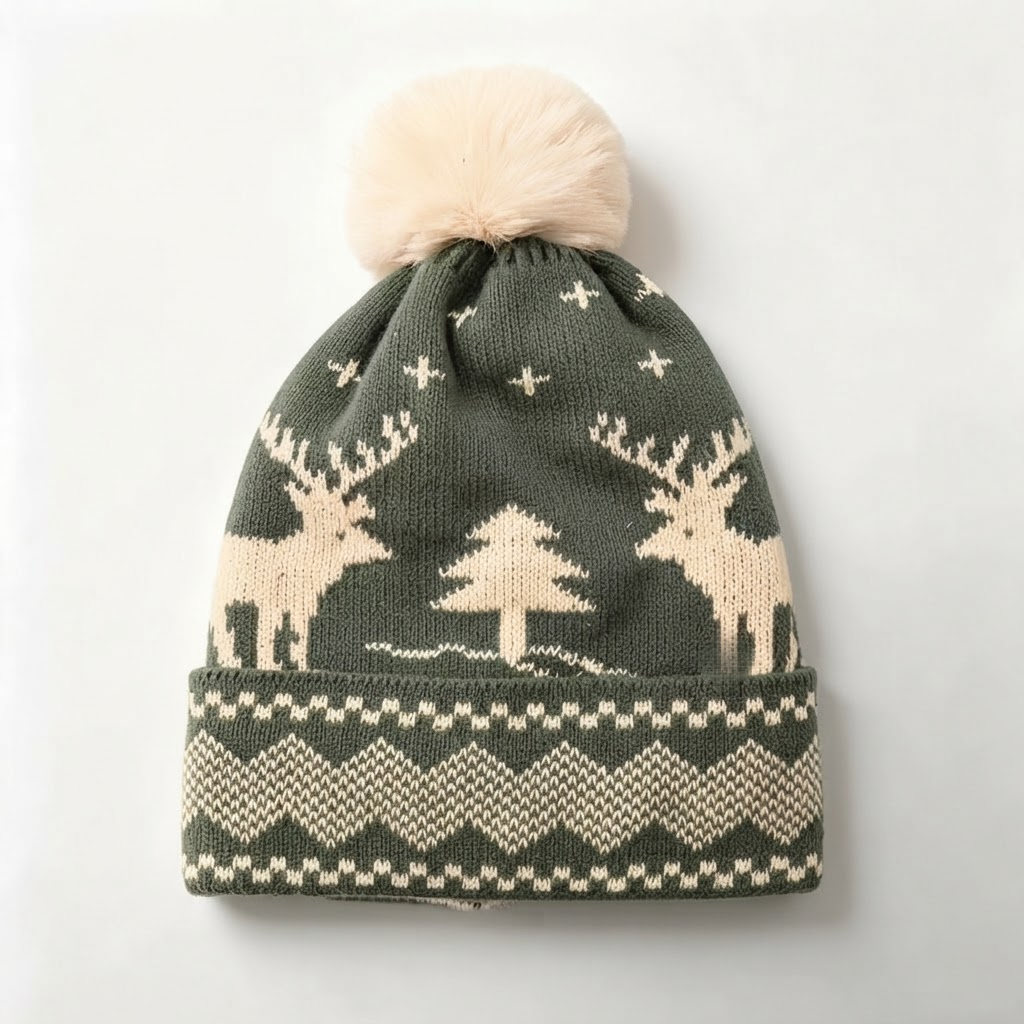 Reindeer & Tree Pom-Pom Beanie – Cozy Winter Knit Hat for Holiday Season