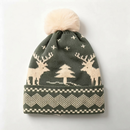 Reindeer & Tree Pom-Pom Beanie – Cozy Winter Knit Hat for Holiday Season
