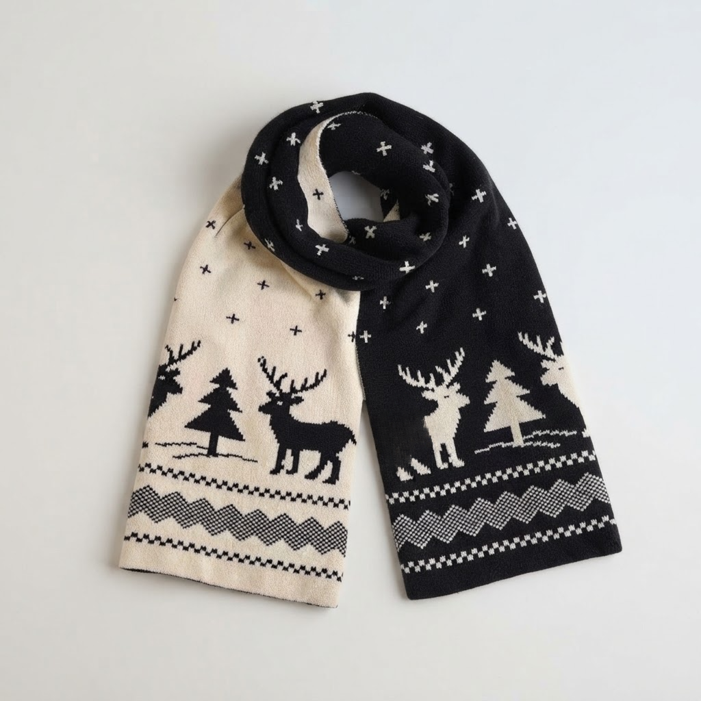 Reindeer & Tree Pom-Pom Beanie – Cozy Winter Knit Hat for Holiday Season