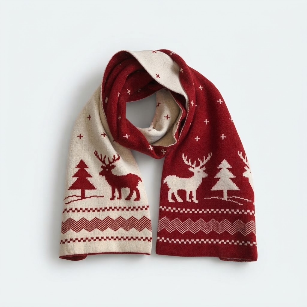 Reindeer & Tree Pom-Pom Beanie – Cozy Winter Knit Hat for Holiday Season