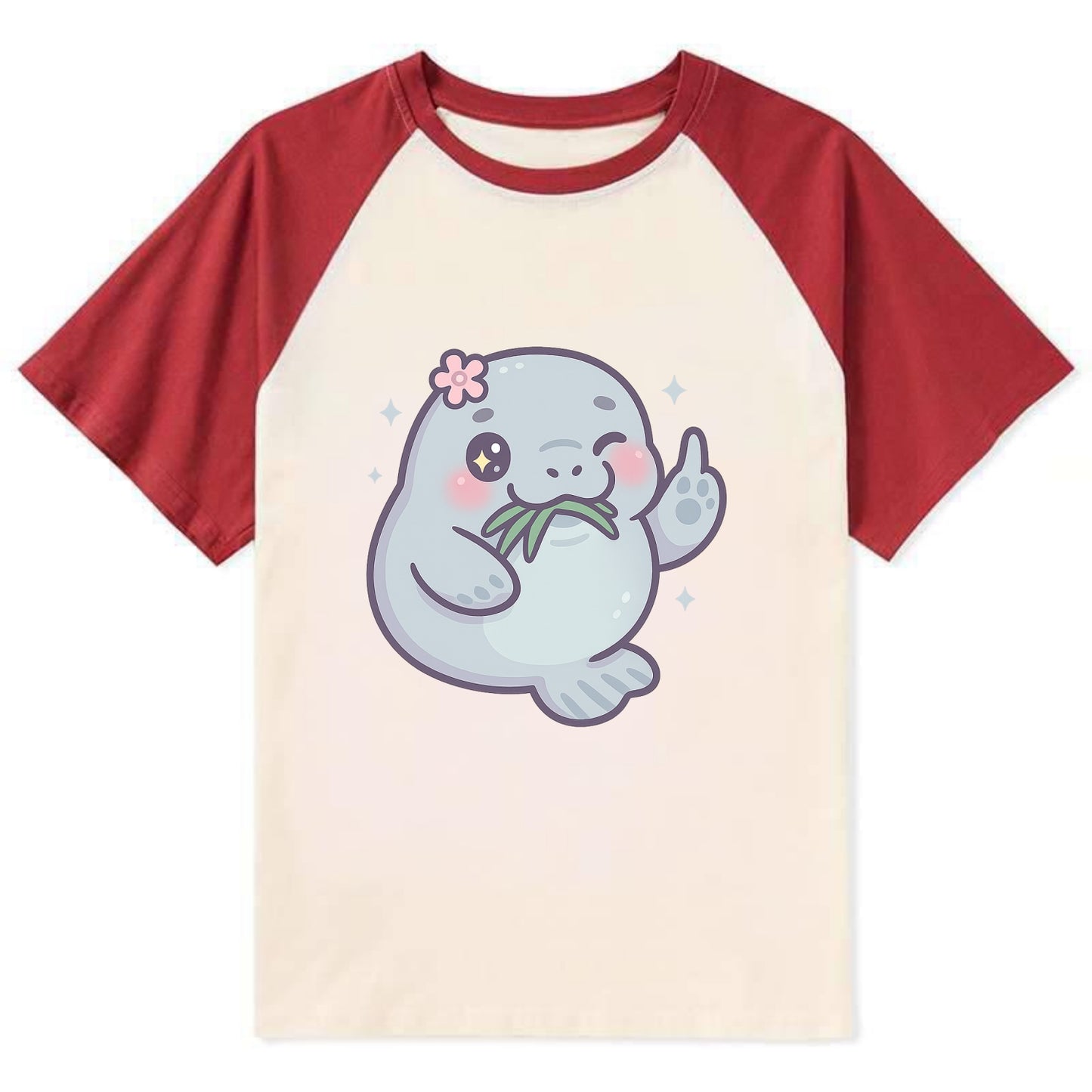 chubby manatee munching on seagrass, one flipper raised with sass - Contrast Raglan T-shirt - Red
