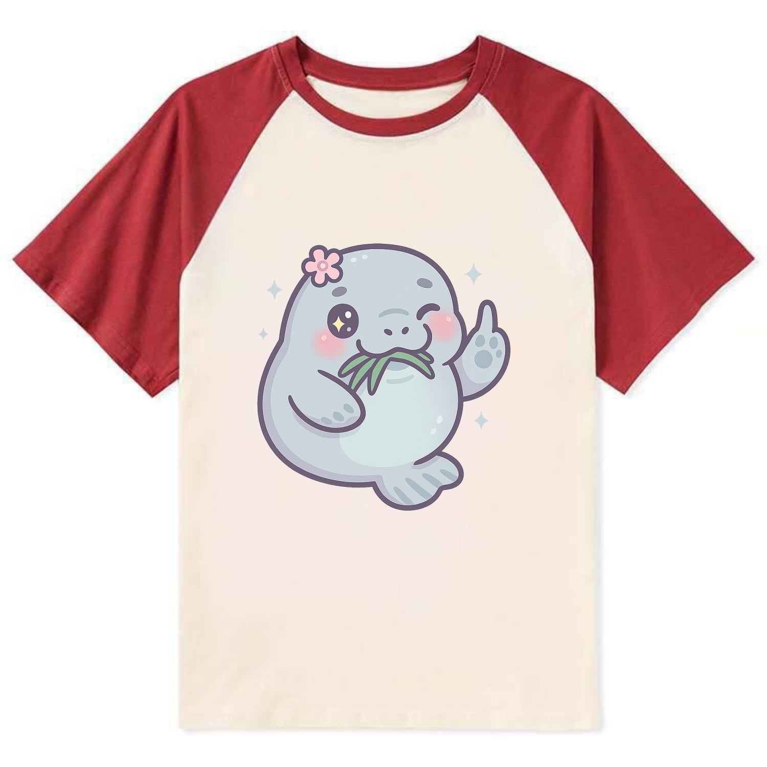 chubby manatee munching on seagrass, one flipper raised with sass - Contrast Raglan T-shirt - Red