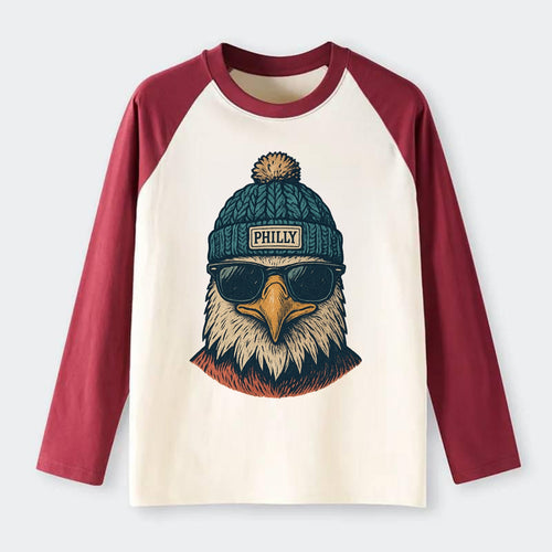 Philadelphia Eagle wearing Philly beanie with pom pom and wayfarer - Raglan Long Sleeve T-Shirt