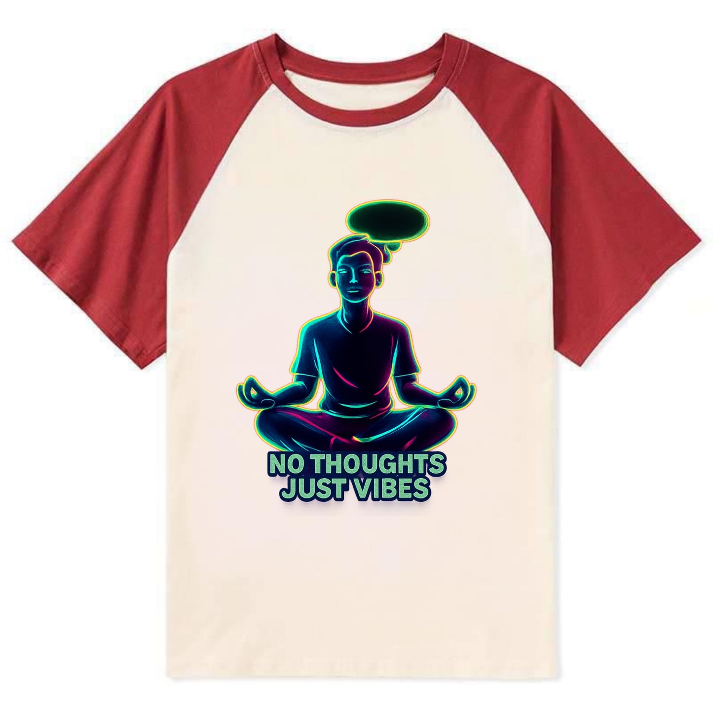 Peaceful floating figure with empty thought bubble - "no thoughts just - Contrast Raglan T-shirt - Red