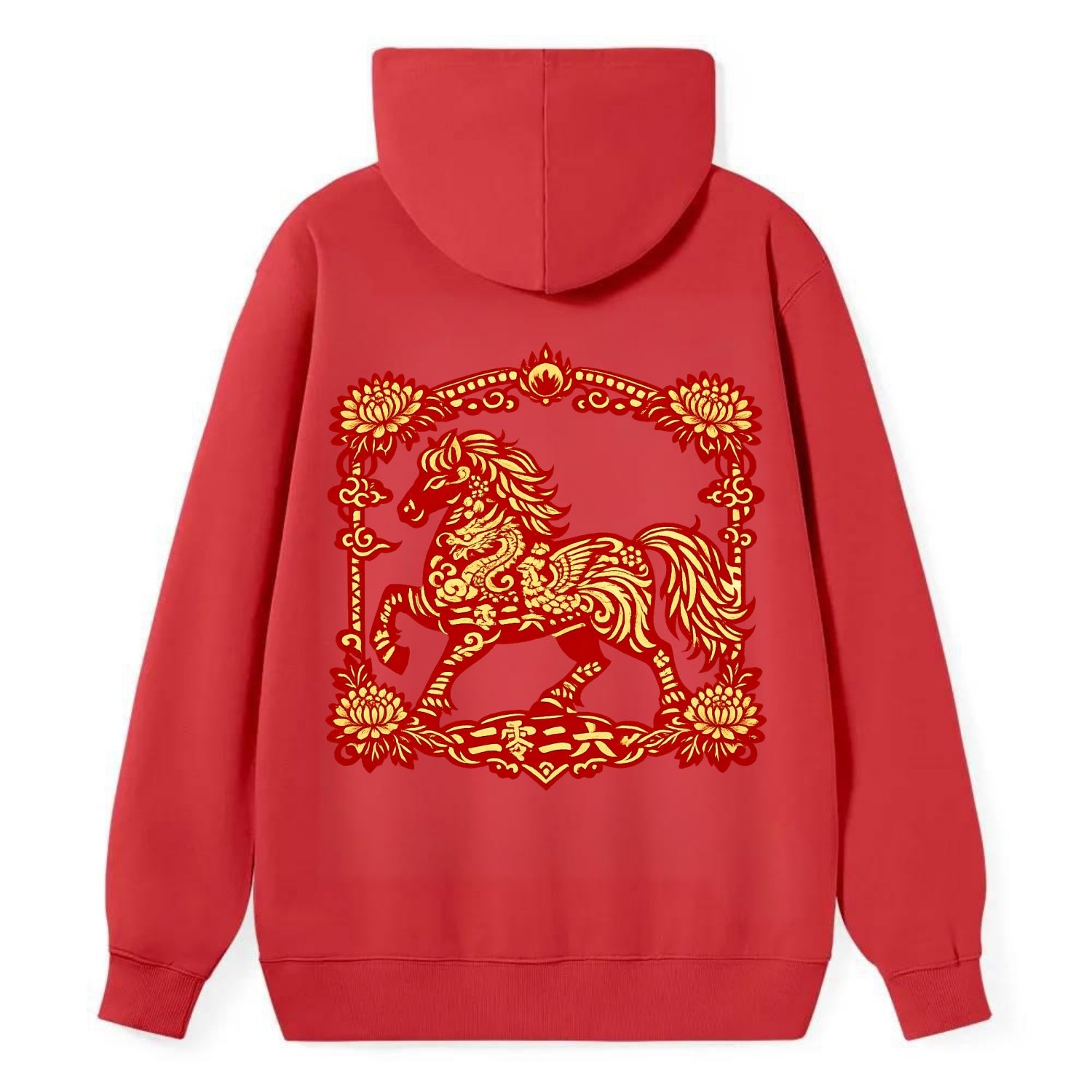 HORSE | Silk style horse design | Gold and silver thread appearance | - Classic Pullover Hoodie - Red