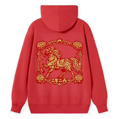 HORSE | Silk style horse design | Gold and silver thread appearance | - Classic Pullover Hoodie - Red