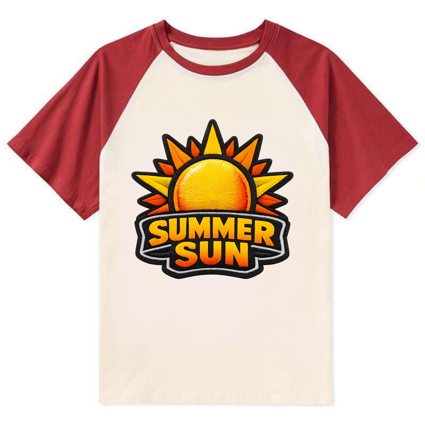 SUMMER SUN - bright sun with rays in yellow and orange , hot season - Contrast Raglan T-shirt - Red