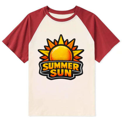 SUMMER SUN - bright sun with rays in yellow and orange , hot season - Contrast Raglan T-shirt - Red