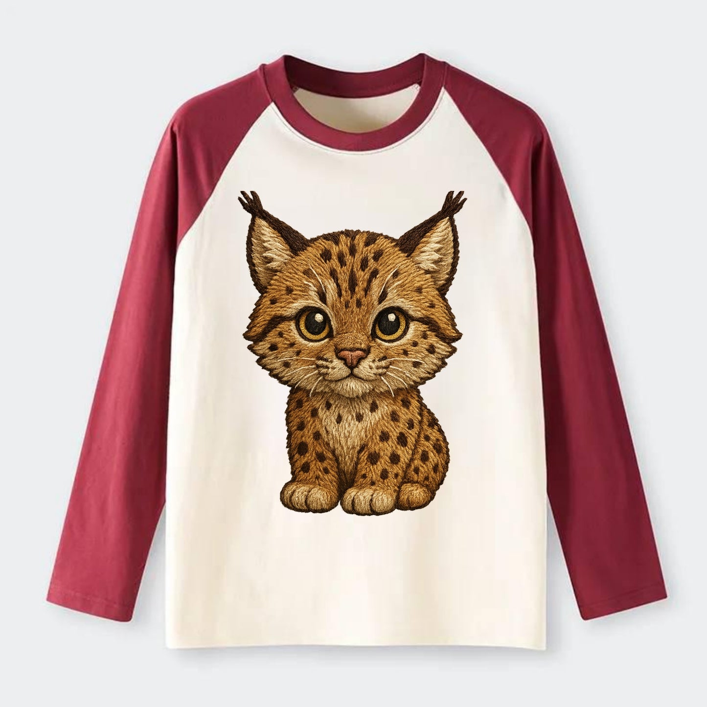 Baby Lynx Cub - tufted ears, spotted fur, golden eyes, front-facing, - Raglan Long Sleeve T-Shirt - Red