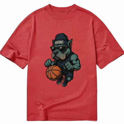 Detroit Pitbull wearing Pistons beanie with chrome patch and wayfarer sunglasses - Classic T-shirt - Red