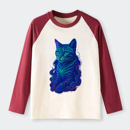 Exotic Bengal cat with aurora borealis colors flowing through its - Raglan Long Sleeve T-Shirt - Red