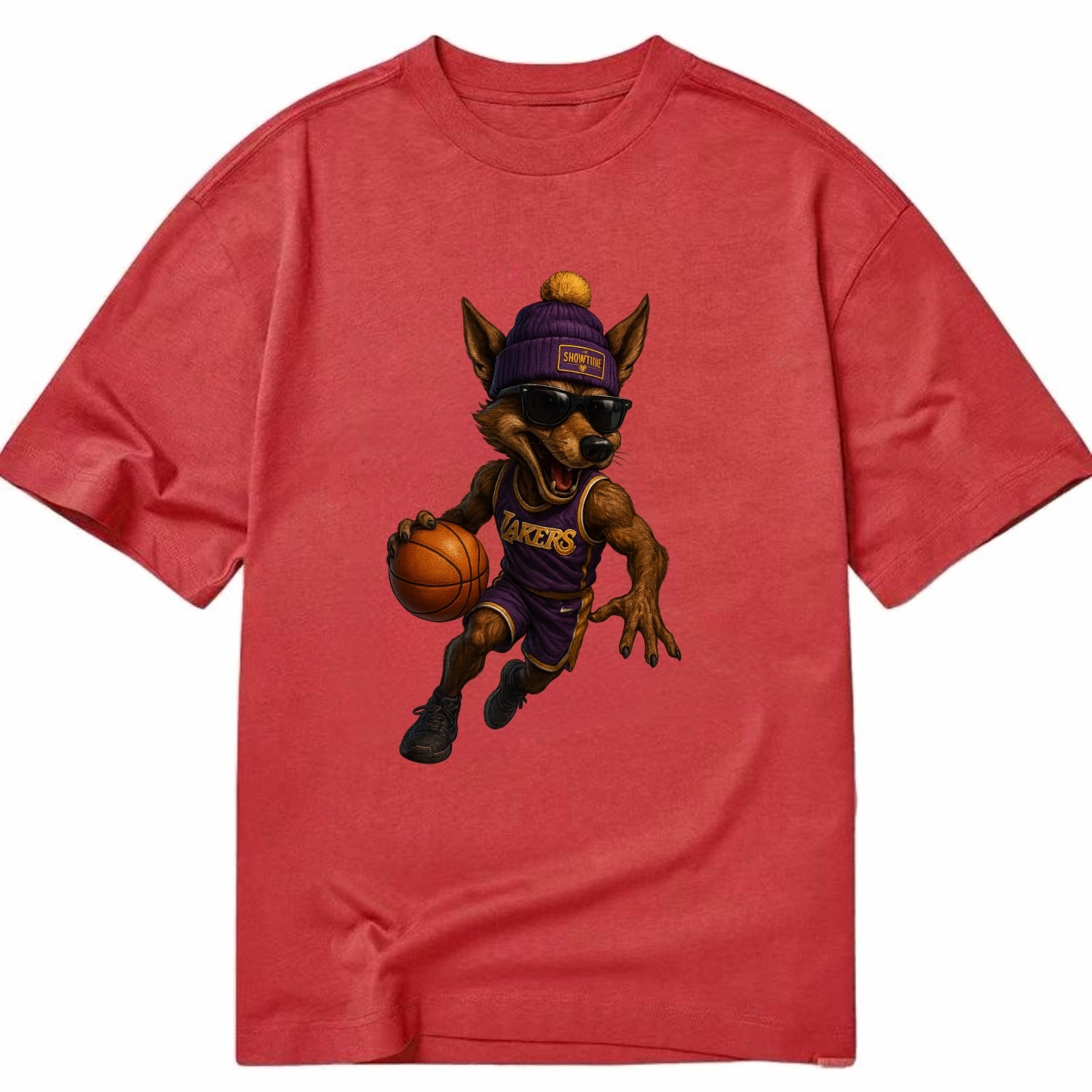 Hollywood Coyote wearing Lakers beanie with Showtime patch and wayfarer sunglasses - Classic T-shirt - Red
