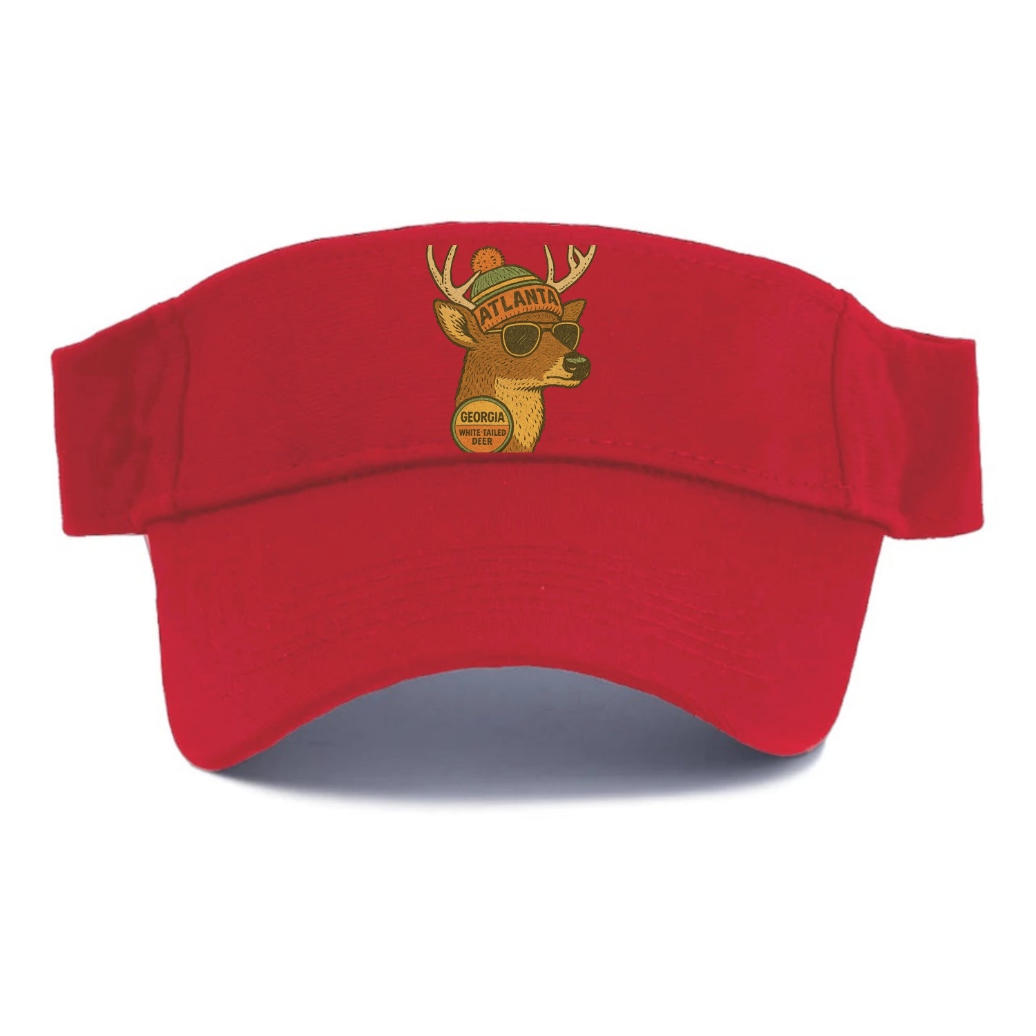 Georgia White-tailed Deer wearing Atlanta beanie with pom pom and wayfarer sunglasses - Visor - Red