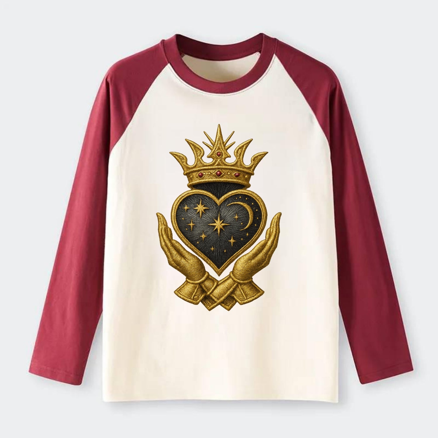 Hammered bronze warrior crown anchoring a dark steel heart with - Raglan Long Sleeve T-Shirt - Red