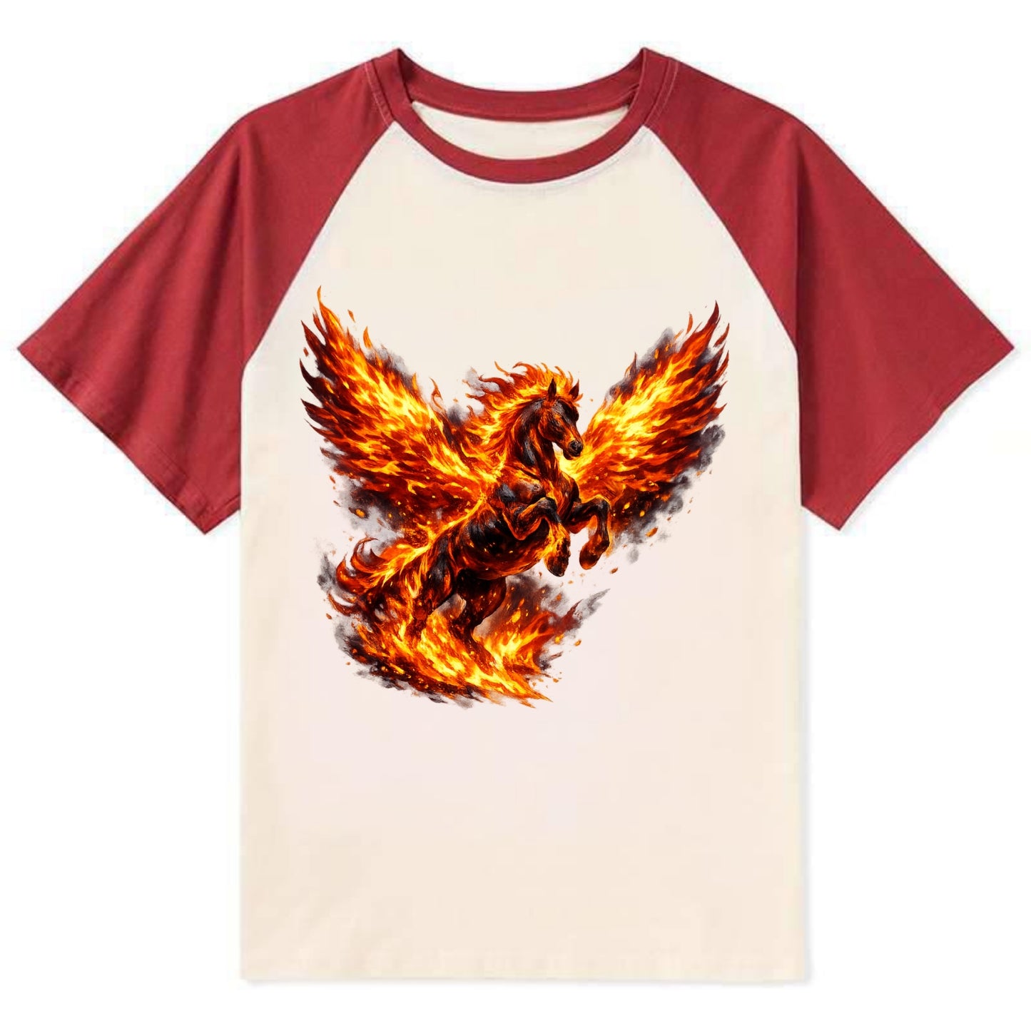 PHOENIX FIRE HORSE | Horse emerging from flames like phoenix | Rebirth - Contrast Raglan T-shirt - Red