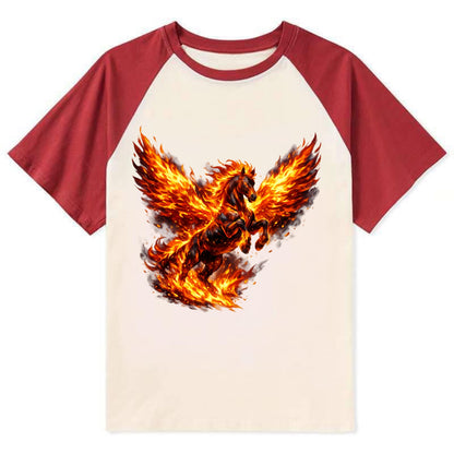 PHOENIX FIRE HORSE | Horse emerging from flames like phoenix | Rebirth - Contrast Raglan T-shirt - Red