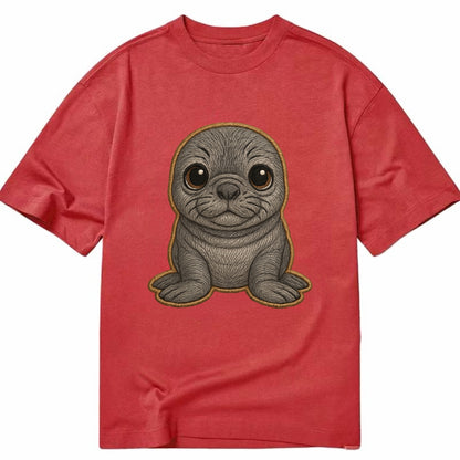 Baby Elephant Seal - gray wrinkly, tiny trunk nose, big dark eyes, front-facing, - Classic T-shirt - Red