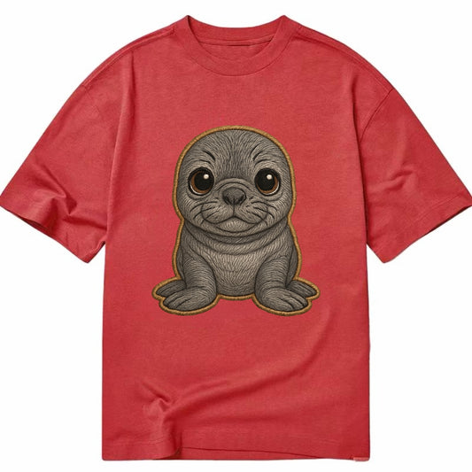 Baby Elephant Seal - gray wrinkly, tiny trunk nose, big dark eyes, front-facing, - Classic T-shirt - Red
